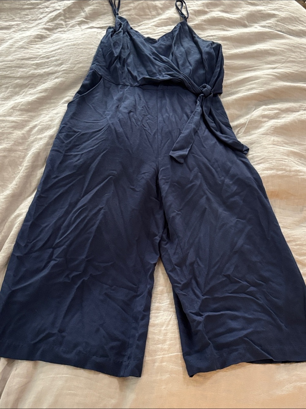 Sleeveless Cropped Navy Wrap-Front Jumpsuit with Tie Waist, Pockets- Linen Feel